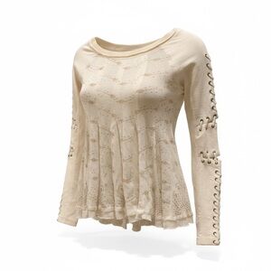 Free People New Romantics Swing Long Sleeve Cream Gold Knit Boho Top Cotton S